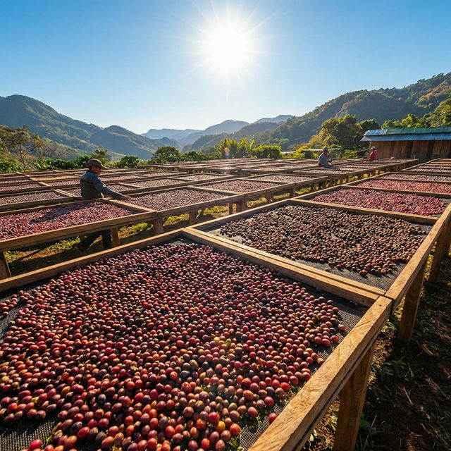 Phơi nguyên quả cà phê trên giàn phơi (Natural)